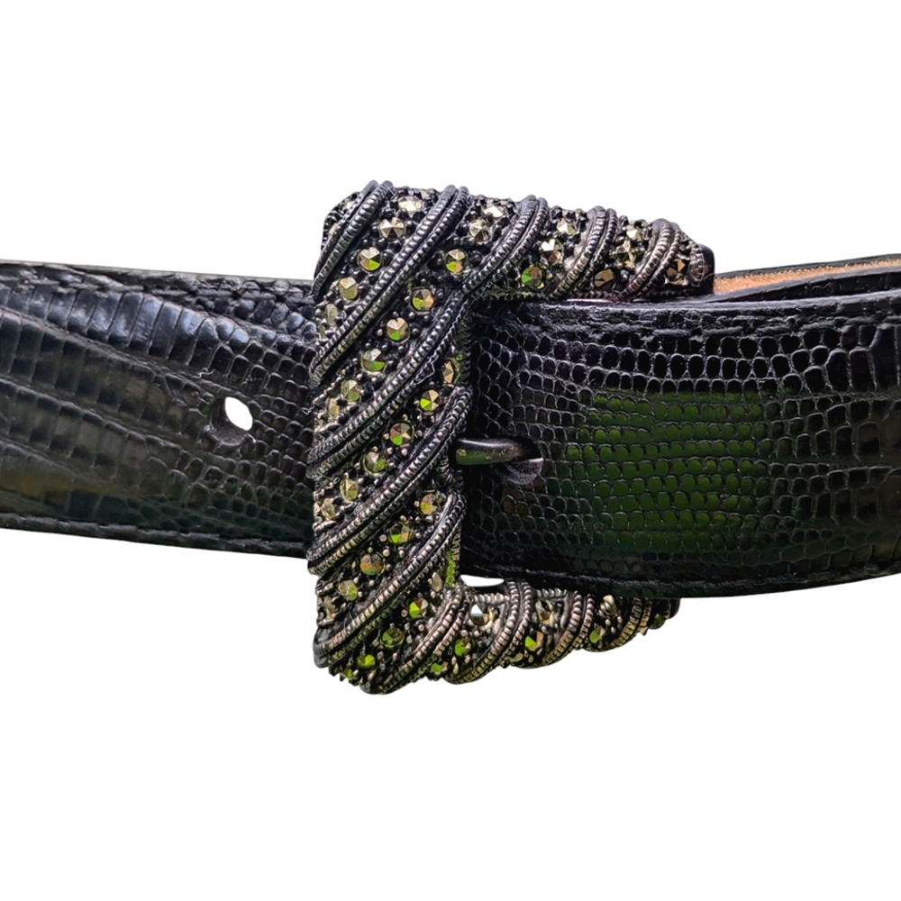VINTAGE JUDITH CROC EMBOSSED 100% LEATHER MARCASITE STERLING SILVER BUCKEL BELT - Picture 2 of 7